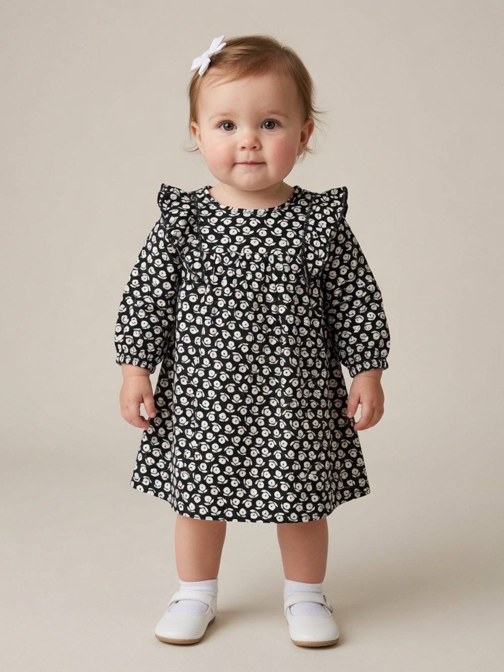 United Color of Benetton Baby Girl Black Floral Ruffle Long-Sleeve Dress